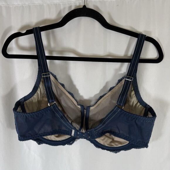 Chantelle Bra Women's 38DDD Blue Floral Lace Hook Eye Mesh Back Adjustable - Picture 7 of 12